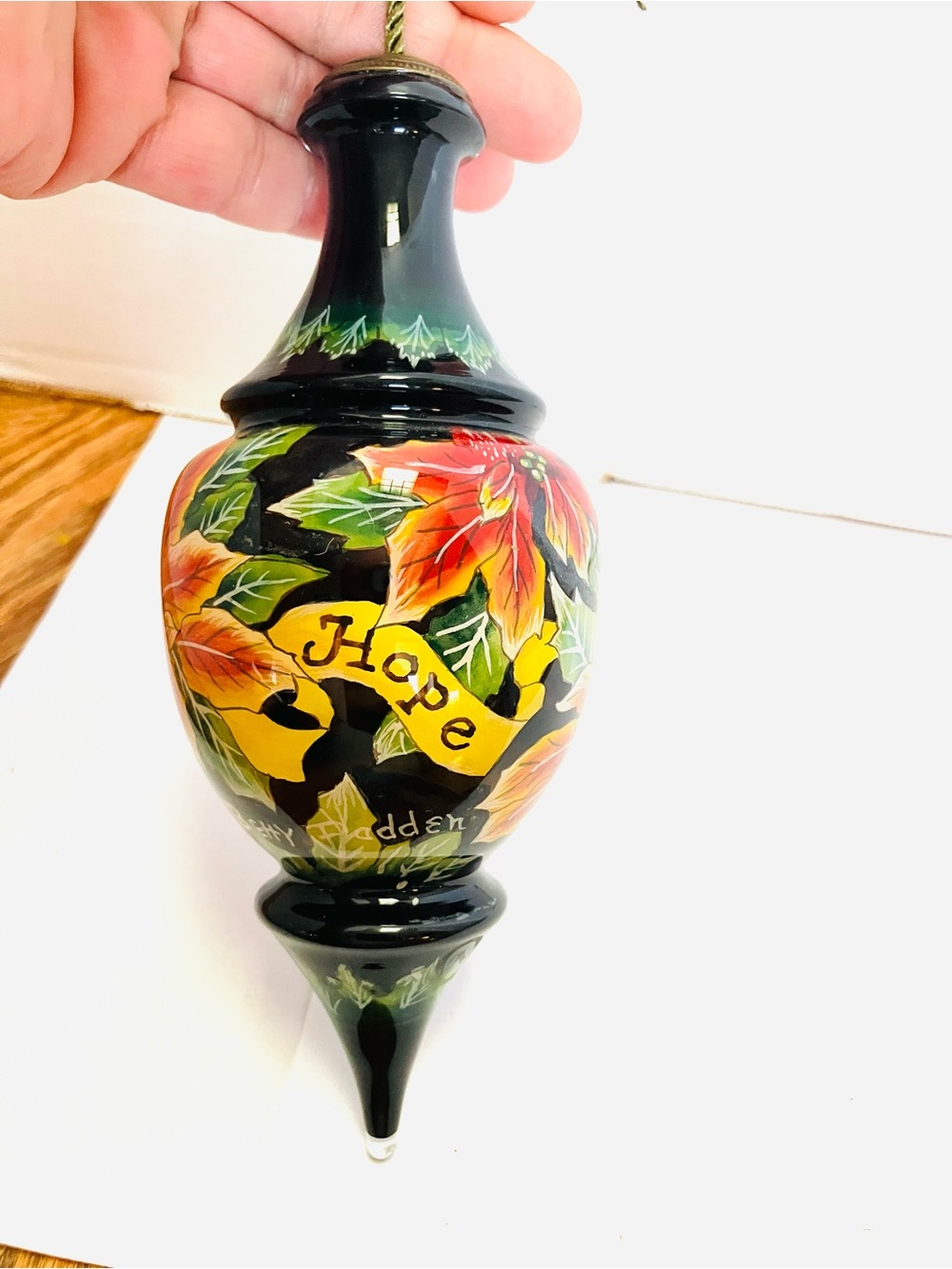 Betty Padden Ne Qwa  Hand Painted Glass Ornament Peace Joy Hope 7in Read